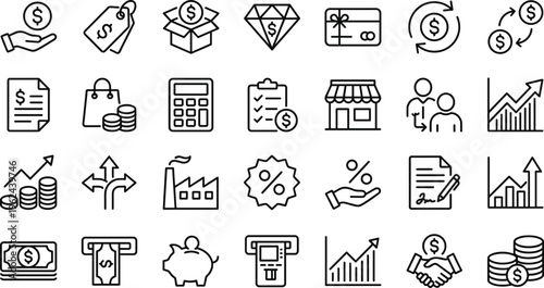 Finance and Business Line Icon Set Featuring Payment, Investment, Banking, Shopping, Profit, Growth, and Economic Symbols for Web, Apps, and Digital Design