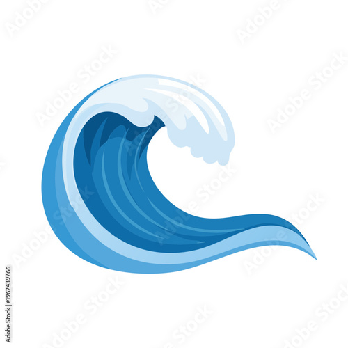 Stylized illustration of a large blue ocean wave with white foam cresting and curling