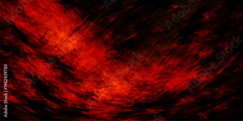 An explosion of hot fire and burning smoke creates a dark grunge texture on this red abstract background with rays of energy and an orange inferno light pattern