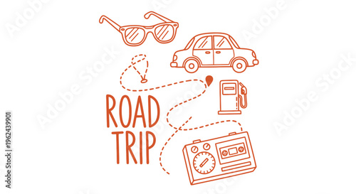 Road trip essentials outline vector illustration featuring car, sunglasses, gas pump, and retro cassette player, symbolizing adventure and journey