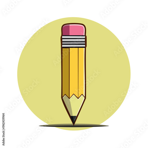 Yellow wooden pencil with pink eraser standing on a surface, simple cartoon illustration