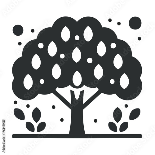 Stylized Dark Silhouette of a Fruit Bearing Tree with Leaves and Floating Orbs