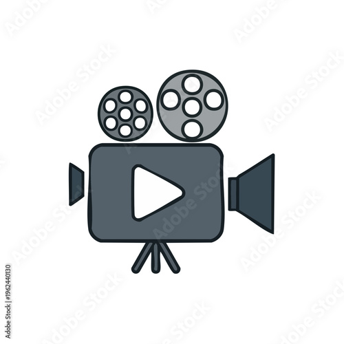 Retro movie camera icon with film reels and play button symbol