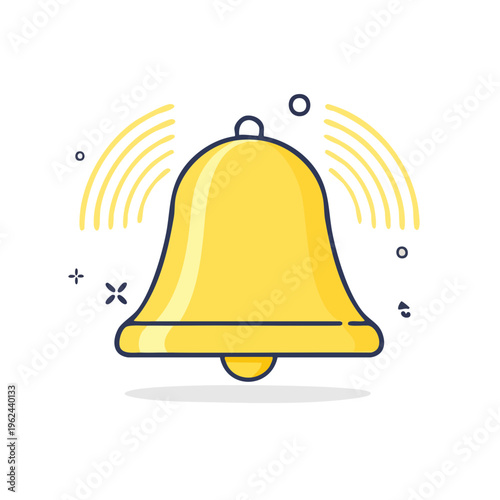 Stylized golden bell ringing with sound waves and small decorative elements