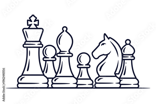 A linear arrangement of chess pieces in blue outlines showcases strategic game elements and classic design