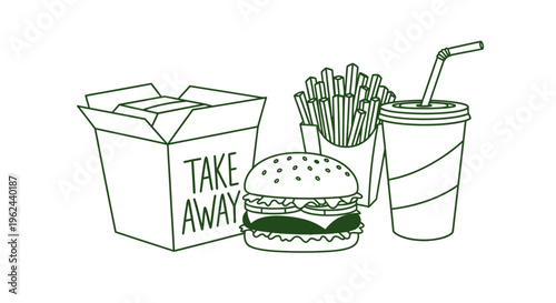 Takeaway food collection including a burger, french fries, and a drink, vector illustration
