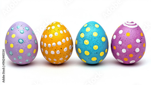 Four decorative Easter eggs, each uniquely colored and patterned with polka dots and swirls, are arranged in a neat row against a plain white background surface.