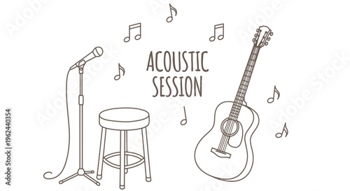 Line art illustration depicting an acoustic music session concept, featuring a classic guitar, microphone on a stand, and a stool, with musical notes floating around, ideal for design elements
