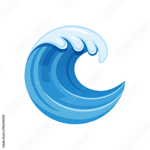 Stylized Blue Ocean Wave Rolling and Breaking with White Foam Detail
