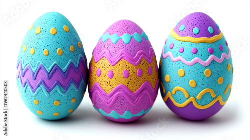 Three colorful Easter eggs adorned with whical patterns and bright pastel colors sit neatly in a row against a clean white background, perfect for sptime celebrations.