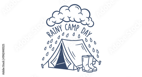 Camping in the Rain Illustration of a Tent with Rain Boots and Falling Raindrops, Celebrating a Rainy Camp Day
