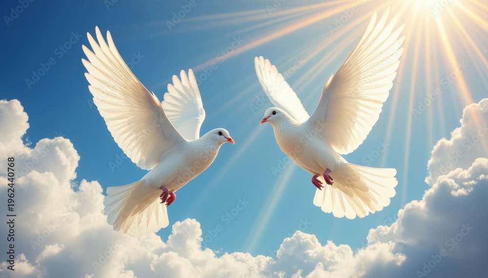 Obraz premium Two white doves fly gracefully in a clear blue sky, with vibrant light shining down. The doves' wings spread wide, creating a serene and peaceful scene.
