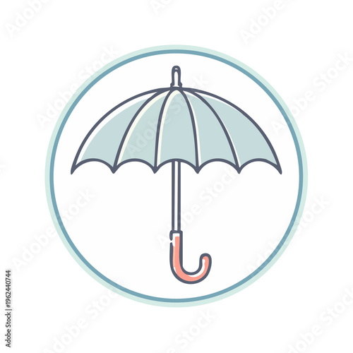 Simple Line Art Icon of an Open Umbrella with a Curved Handle Inside a Circle