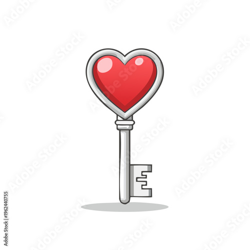 Heart shaped key emblem symbol for love and romance with silver outline and red center