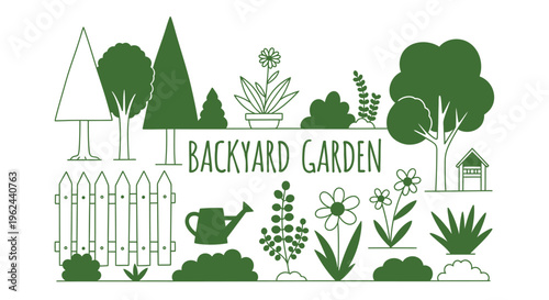 Backyard Garden Collection Trees, Plants, Flowers, and Gardening Tools in a Flat Design Illustration
