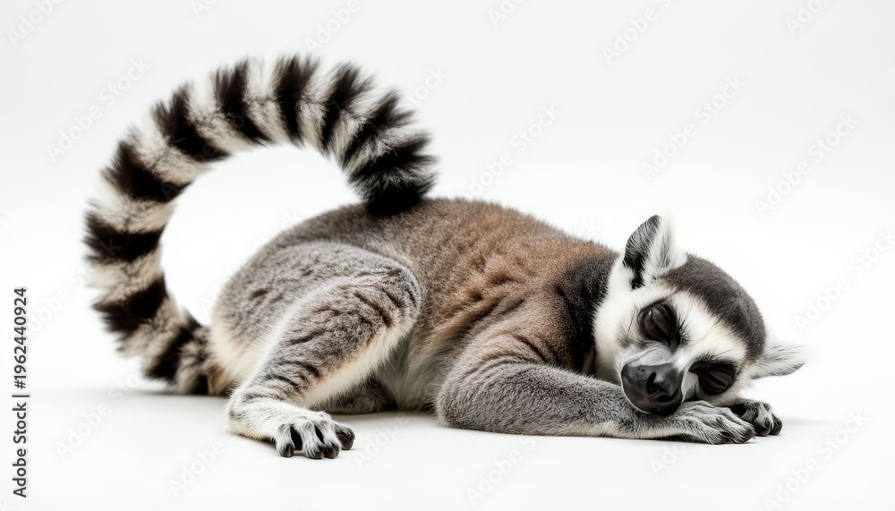 Fototapeta premium A sleeping lemur rests peacefully on a surface. The lemur's striped tail curls around while it enjoys its rest.