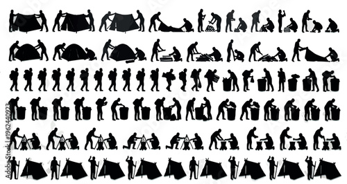 Post Apocalyptic Survival Camp Silhouettes Set Pack. Editable Vector Stroke Illustration. featuring vector, silhouette, camping, hiking, illustration, adventure, outdoor, travel, tent, backpack more