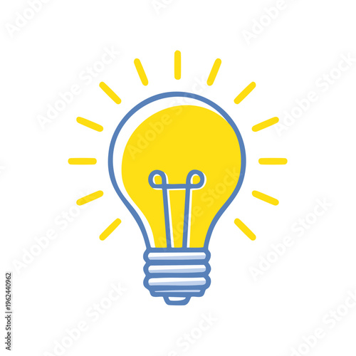 Bright yellow light bulb glowing with radiating lines symbolizing ideas and inspiration