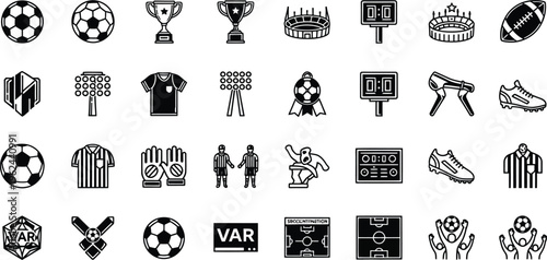 Several stylized icons depicting soccer balls, trophies, stadium architecture, and official symbols are arranged in rows.