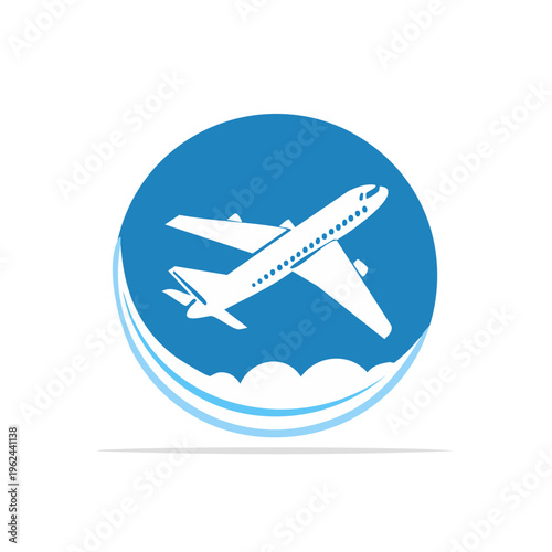 Commercial airplane taking off within a blue circle with stylized clouds and waves below