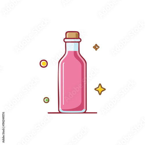 Pink liquid in a glass bottle with cork and decorative sparkles and circles