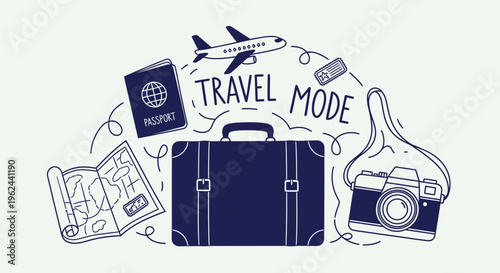 Line art illustration of essential travel items suitcase, passport, map, camera, airplane, symbolizing adventure, journey, and vacation readiness