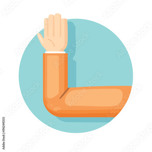Abstract human arm bent at elbow with open palm raised in icon style.