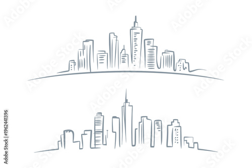 A minimalist sketched cityscape illustration featuring a skyline with prominent skyscrapers and undulating ground high quality