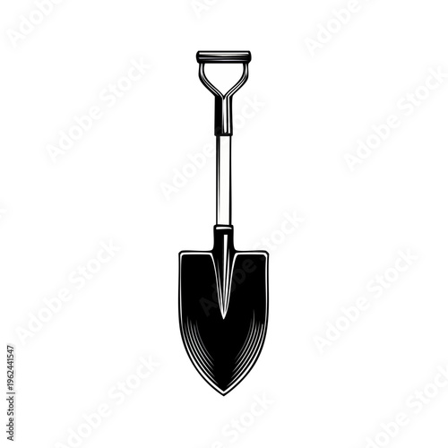 Black and white stylized illustration of a garden spade tool