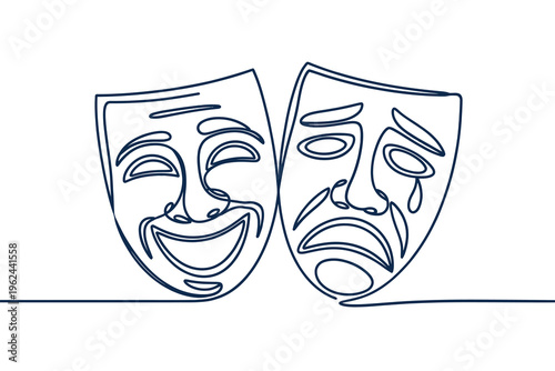 A minimalist line drawing depicts two theatrical masks one smiling and one crying symbolizing duality