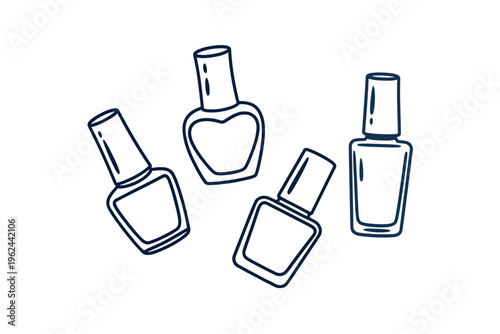 A simple illustration depicts four bottles of nail polish in varying shapes and sizes outlined in blue