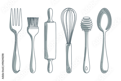 A simple line drawing depicts various kitchen utensils including a fork whisk and rolling pin