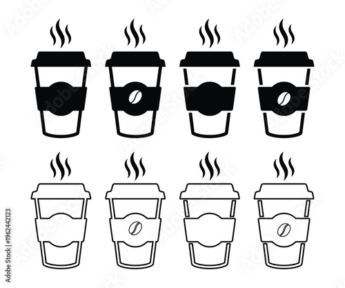 Coffee cup vector icon set in various style isolated on white background.