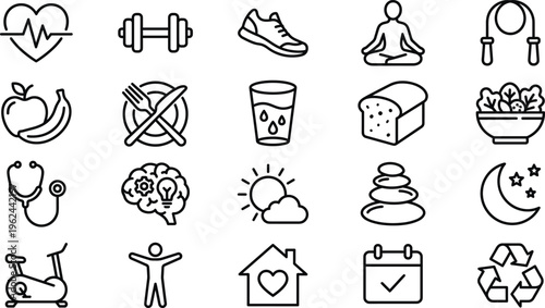 Healthy Lifestyle and Fitness Line Icon Set Featuring Nutrition, Exercise, Mental Health, Meditation, Sleep, and Wellness Symbols for Apps and Web Design