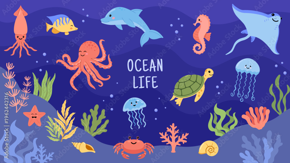 Fototapeta premium Cute ocean life marine animals collection with dolphin octopus turtle jellyfish seahorse crab stingray squid fish coral seaweed flat cartoon vector illustration set on blue background