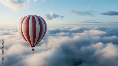 hot air balloon in the mountains, Colorful hot air balloon floating between steep mountain peaks, wide scenic valley below, clear sky	

