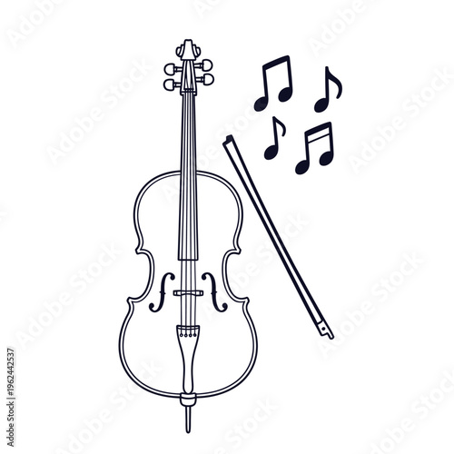 A simple line drawing depicts a violin with musical notes and a bow representing classical music