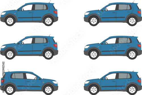 Set of blue family hatchback city cars in multiple views isolated on white background modern automobile vector illustration