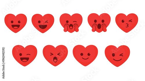 Set of ten red heart emojis with various facial expressions like happy laughing winking and blowing a kiss on white.