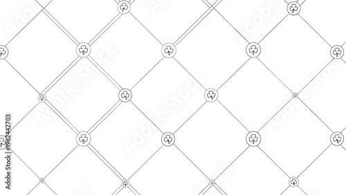 Minimalist seamless green clover pattern with small shamrocks at intersections of a diamond grid on a white background.