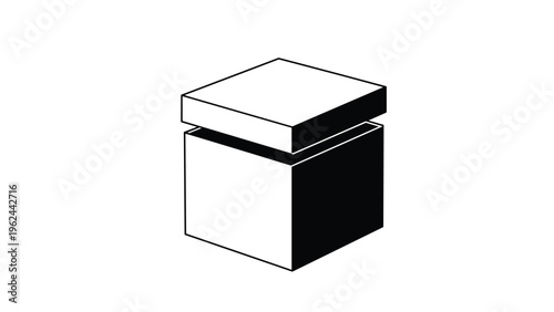Minimalist black and white line drawing of an open rectangular cardboard box with a lid on a clean white background.