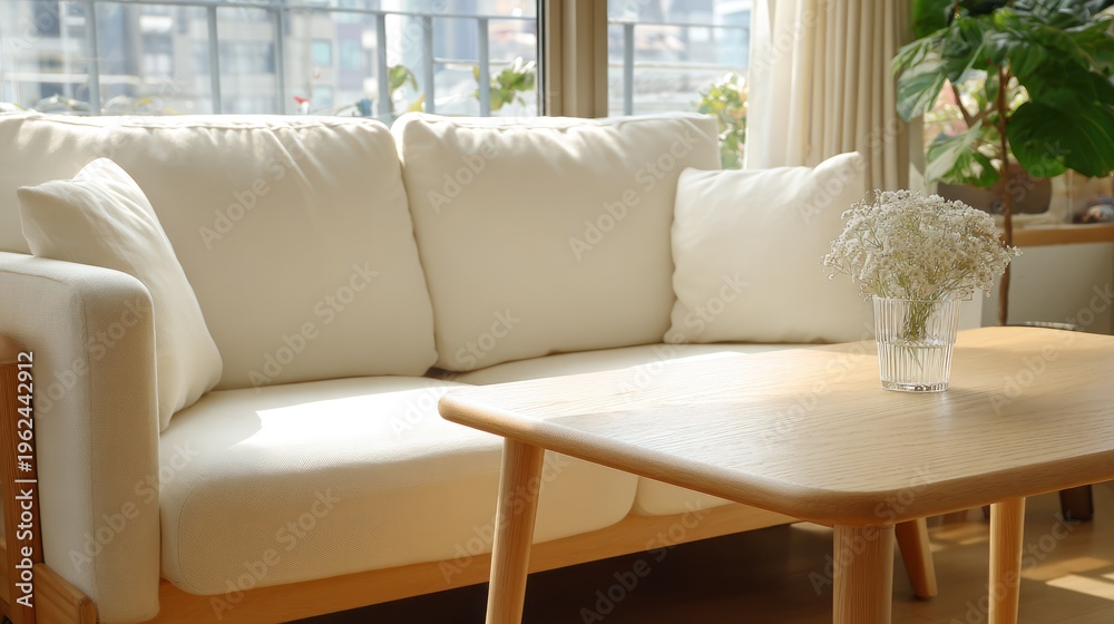 Fototapeta premium Comfortable living room interior with a modern sofa and wooden table