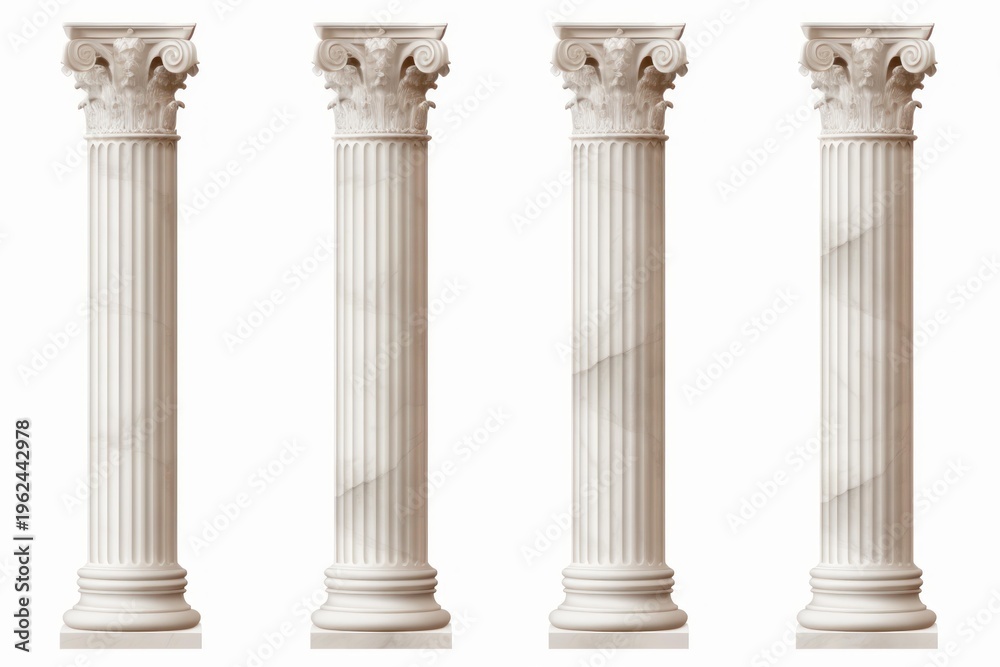 Fototapeta premium Four white marble ionic columns standing on a clean white background