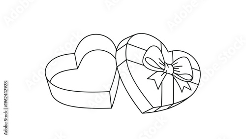 Open heart shaped gift box with a matching lid decorated with a large ribbon bow in a simple black outline style.