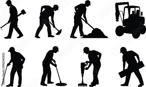 Collection of eight black silhouette figures of construction workers performing various manual labor tasks with tools and equipment