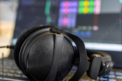 Tableau sur toile Close-up black studio headphones on laptop with audio software