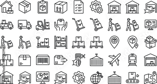 Logistics and Warehouse Line Icon Set Featuring Shipping, Delivery, Cargo Handling, Inventory, Transport, and Supply Chain Symbols for Web, Apps, and Business Design