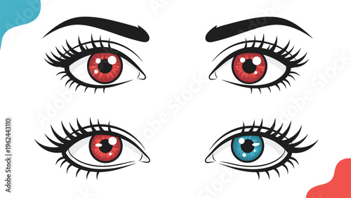 Illustration of four human eyes with long eyelashes featuring three red irises and one blue iris on a white background.