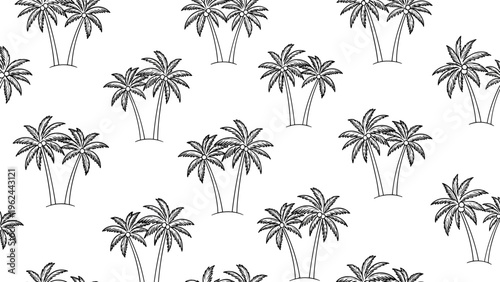 Seamless repeating pattern of black and white hand drawn sketches of tropical palm trees on a white background.