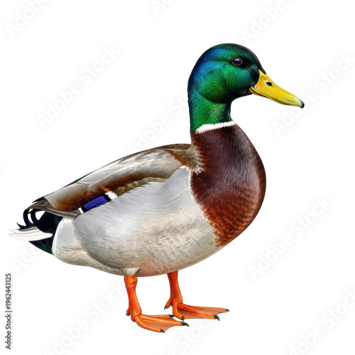 Mature male mallard duck drake in profile, hyperrealistic watercolor illustration style, vibrant emerald green head and detailed chestnut feathers, isolated on a seamless gray background.